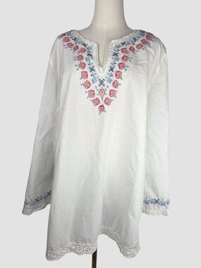 VTG 90s Spiegel Boho White Embroidered Cross Stitch Blouse Sz L Peasant Floral